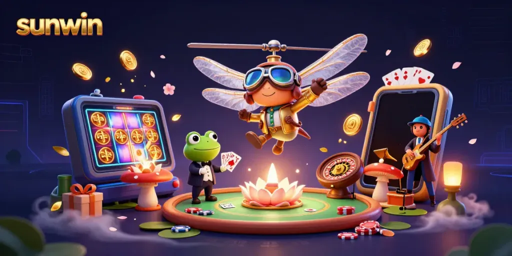 Experience the thrilling sunwin adventure with a cartoon dragonfly pilot above an exciting lily pad casino scene.