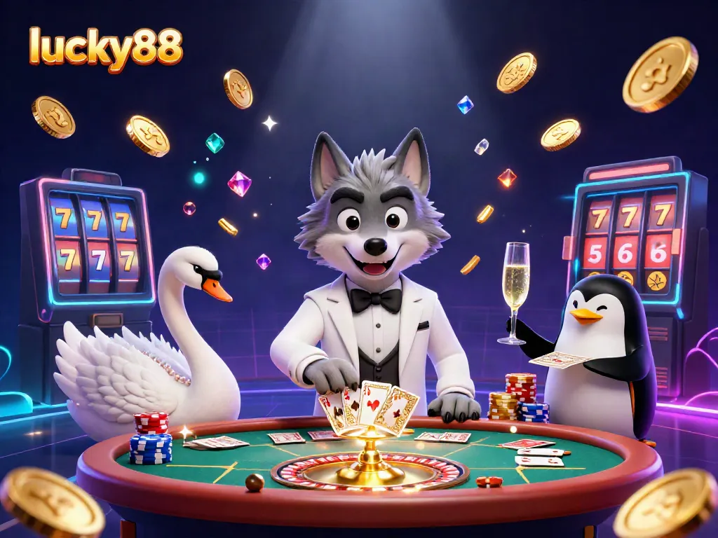Experience thrilling gaming with lucky88 in this vibrant 3D illustration featuring characters and classic casino elements.