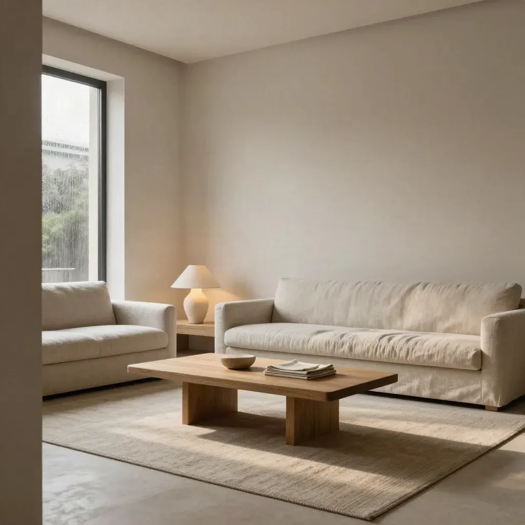 Salón urbano recién terminado con sofá de lino, mesa de roble y luz húmeda tras la lluvia.