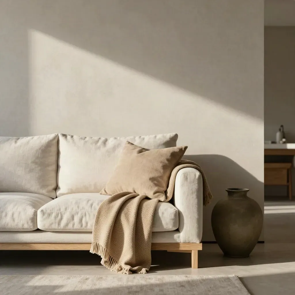 Rincón de salón con pared mineral, lino, manta tejida, madera clara y vaso verde oliva.