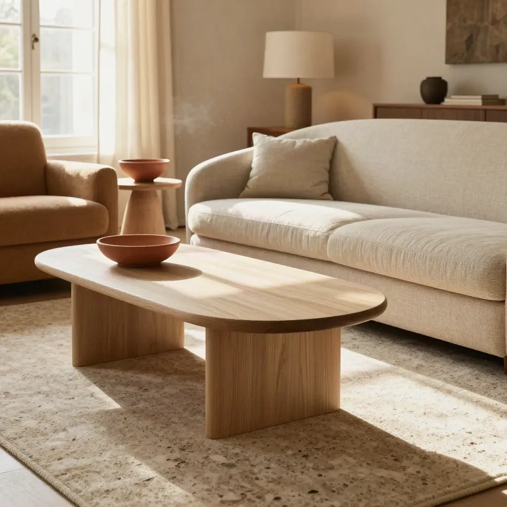 Conjunto de sofá curvo, butacas y mesa baja en un salón cálido con luz natural y acento terracota.