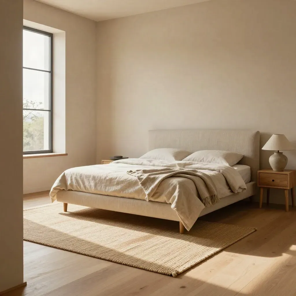 Dormitorio sereno con cama baja, mesillas estrechas y paso libre hacia la ventana.