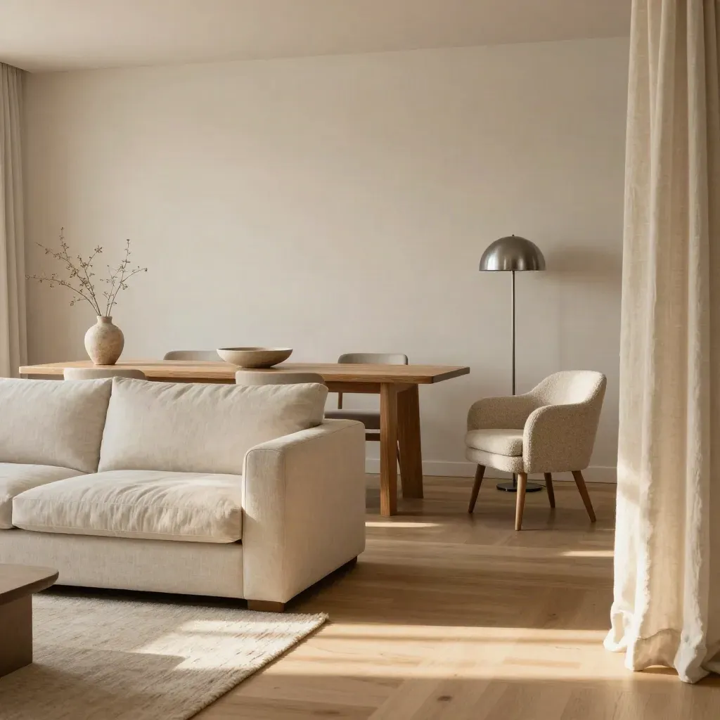Salón comedor terminado con sofá de lino, mesa de roble y luz cálida junto a muro claro.