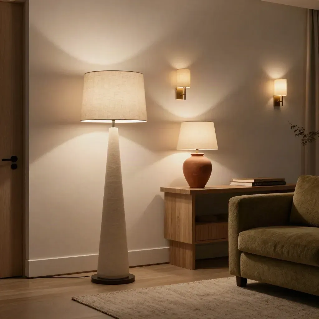 Salón con lámpara de pie, apliques y consola iluminada en una escena cálida y cinematográfica.