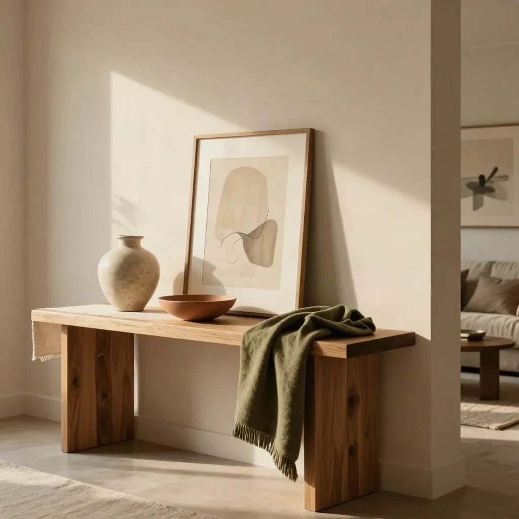 Rincón de salón decorado con consola de madera, arte apoyado, cerámica y textiles oliva.