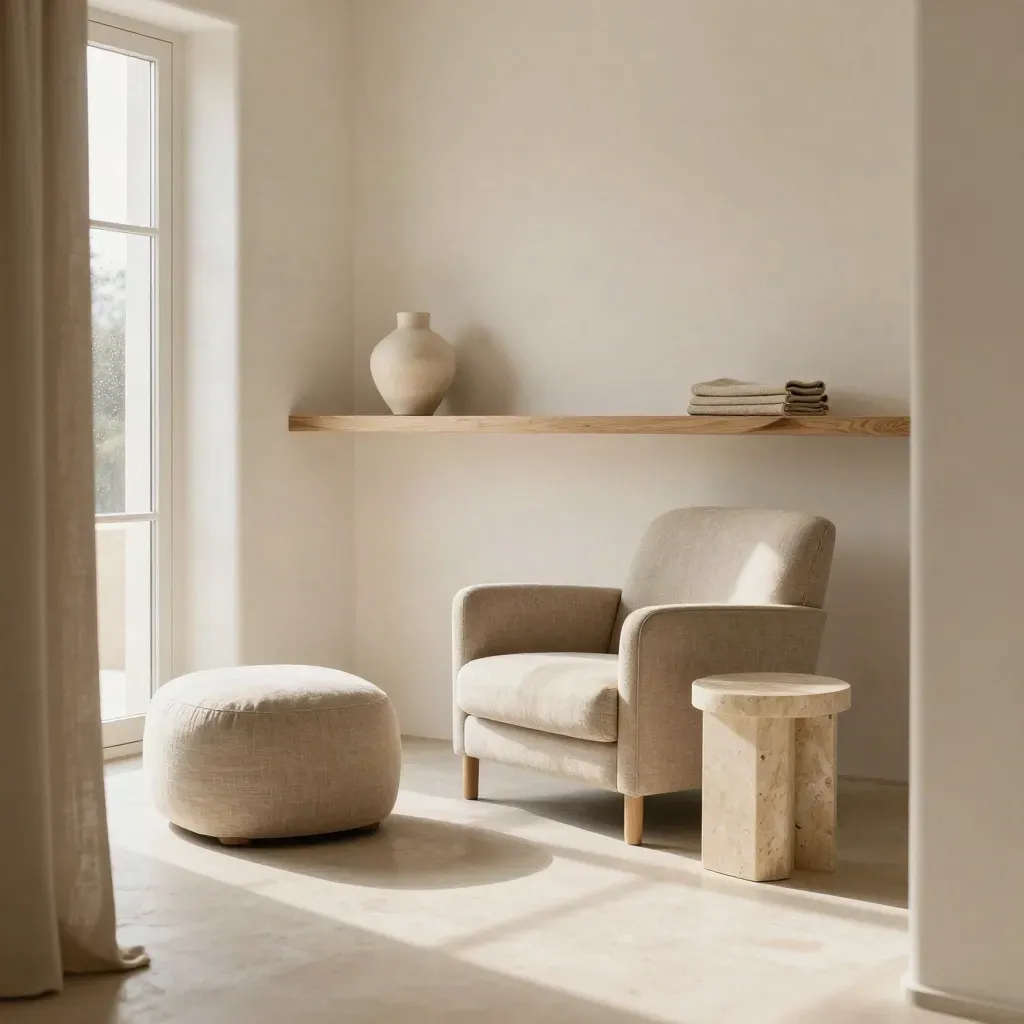 Salón claro con butaca bouclé, balda de roble y rincón de lectura junto a la ventana