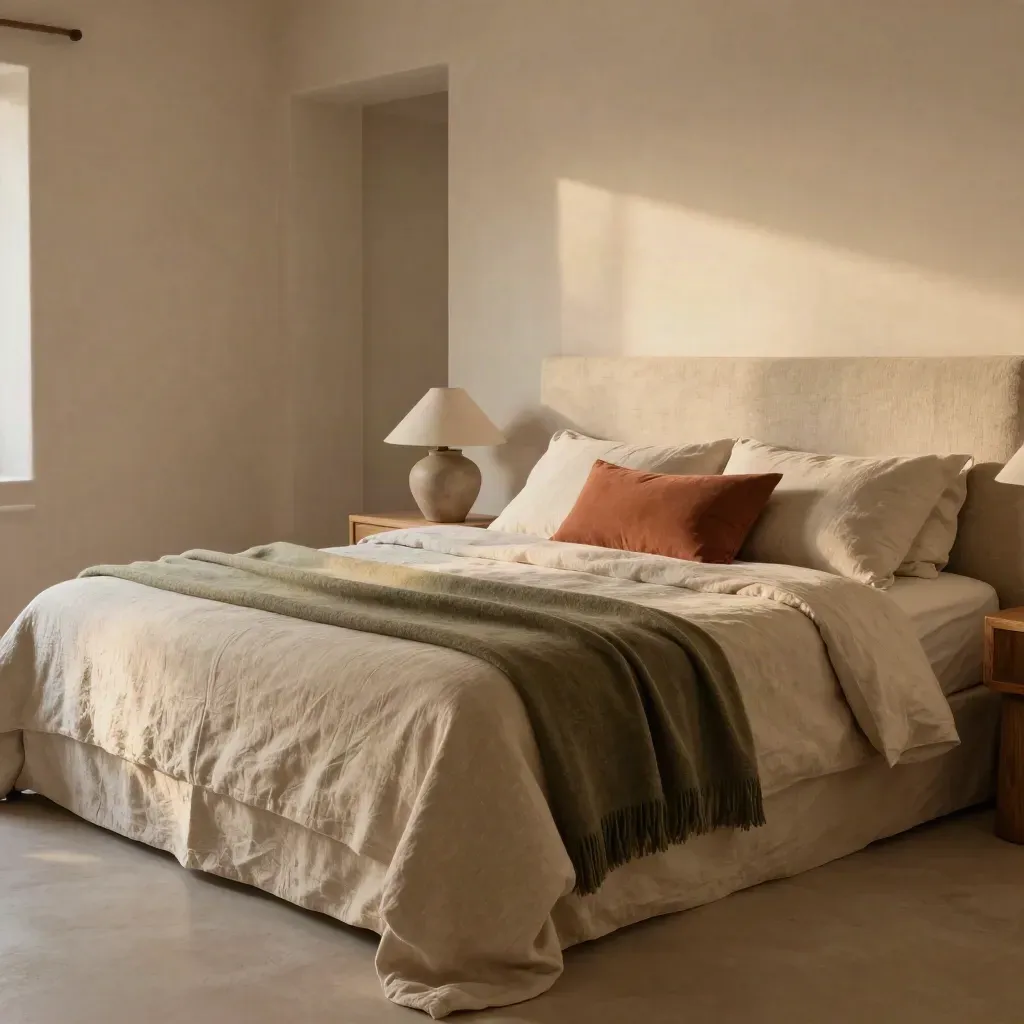 Dormitorio sereno en Valencia con cama de lino arena, cojín terracota y manta oliva.
