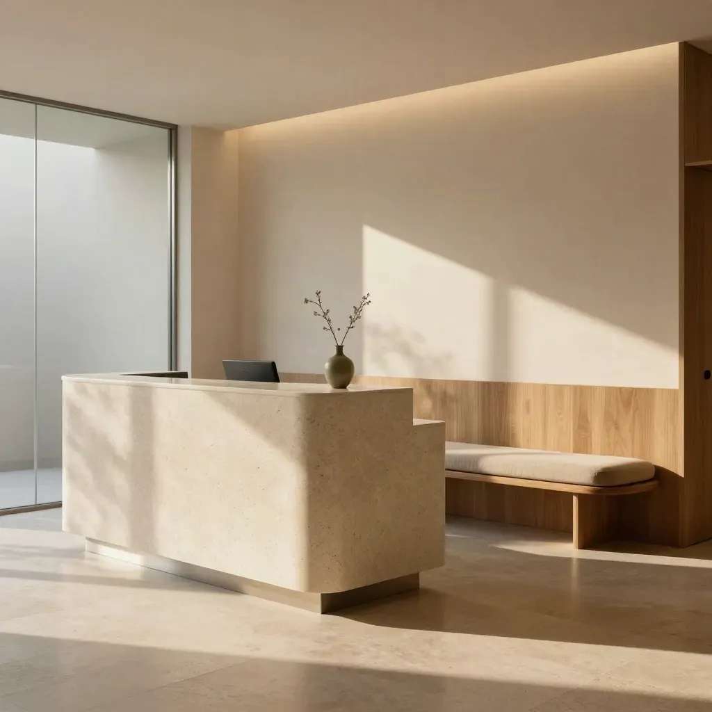 Recepción clínica cálida con mostrador de travertino, banco curvo y luz dorada lateral.