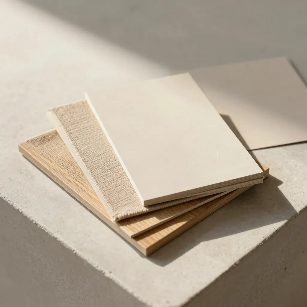 Muestras de madera, tejido y pintura mineral en una propuesta de interiorismo sobre hormigón claro.