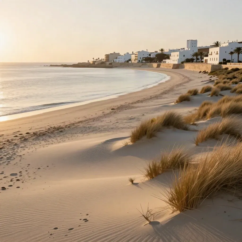 Costa de Valencia al atardecer, con dunas suaves y mar plateado.