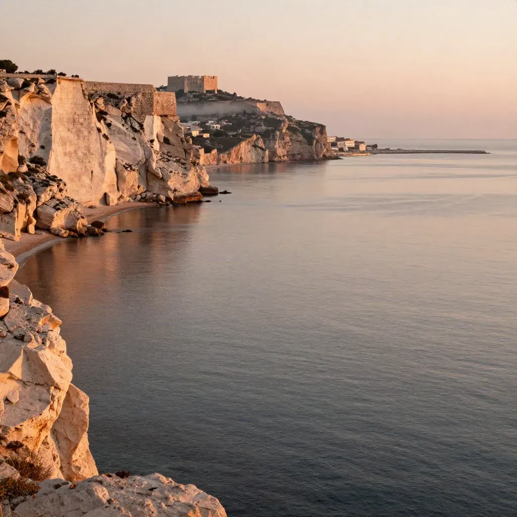 Acantilado claro de Alicante, castillo lejano y puerto bajo sobre mar cobrizo al atardecer.