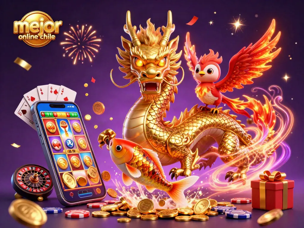 Mejor casino online Chile: Ilustración 3D vibrante con dragón, fénix y koi en acción.
