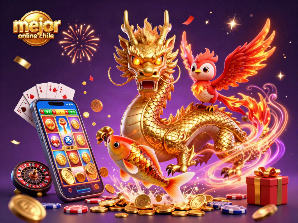 Mejor casino online Chile: Ilustración 3D vibrante con dragón, fénix y koi en acción.