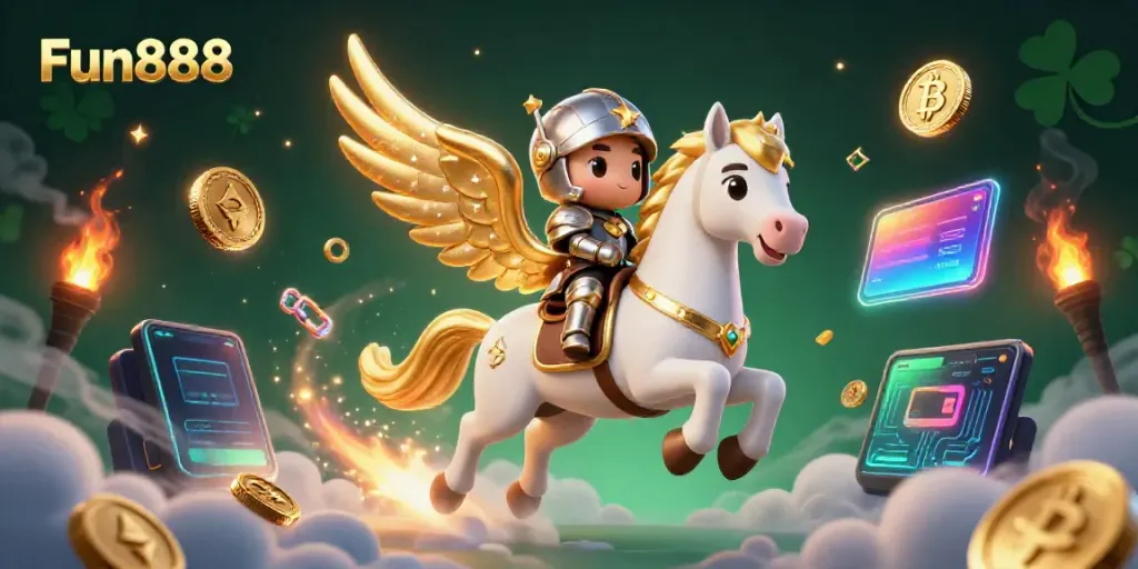 Experience Fun888 with a dynamic scene of a celestial horse and knight amidst vibrant digital casino elements.
