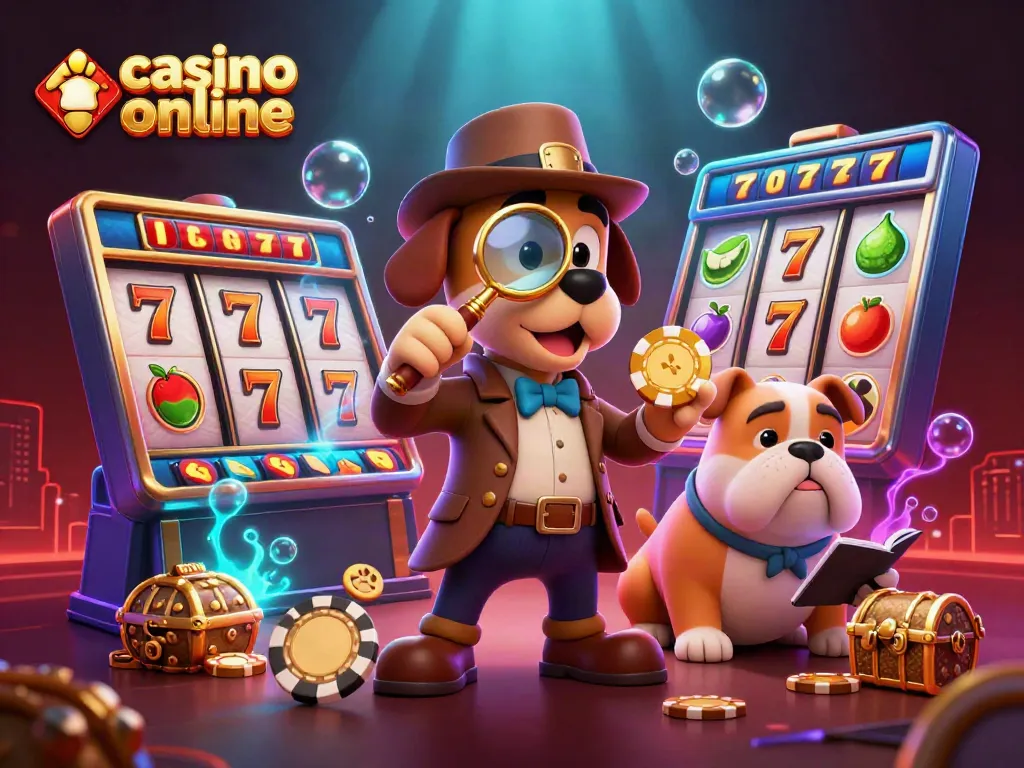 Juego emocionante en un casino online con un perro detective y un bulldog, explorando las pistas doradas.