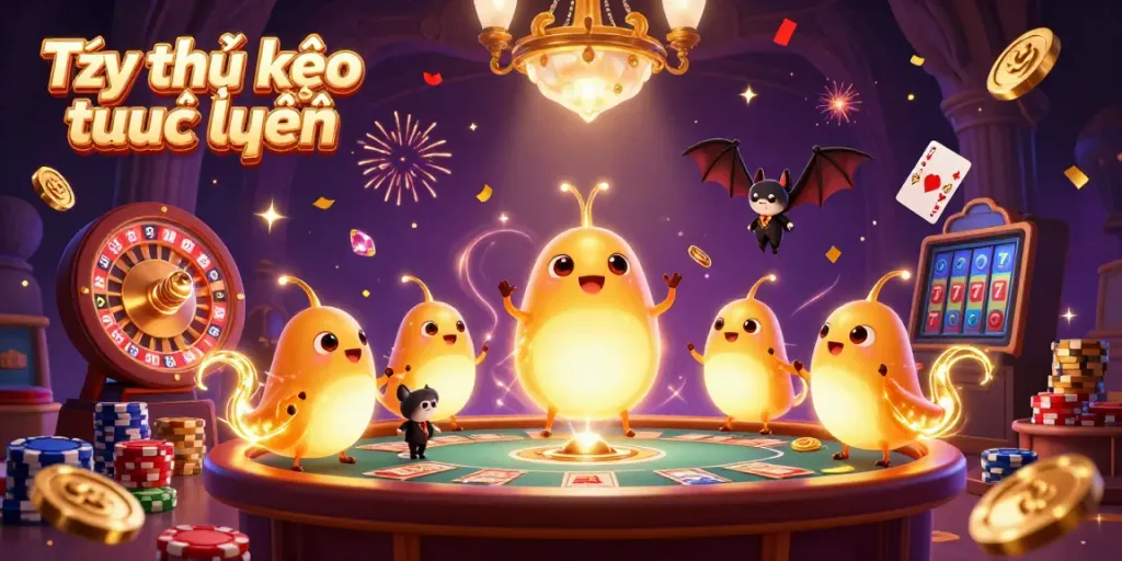 Experience Tỷ lệ kèo trực tuyến in this lively 3D casino scene filled with shimmering gold coins and playing cards.