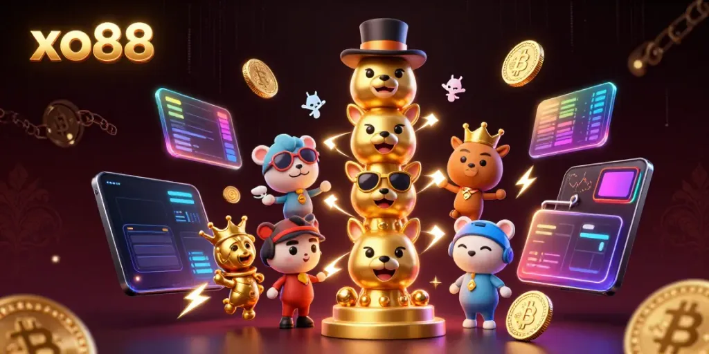 Experience the excitement of xo88 with a vibrant 3D casino illustration showcasing a totem pole and crypto elements.