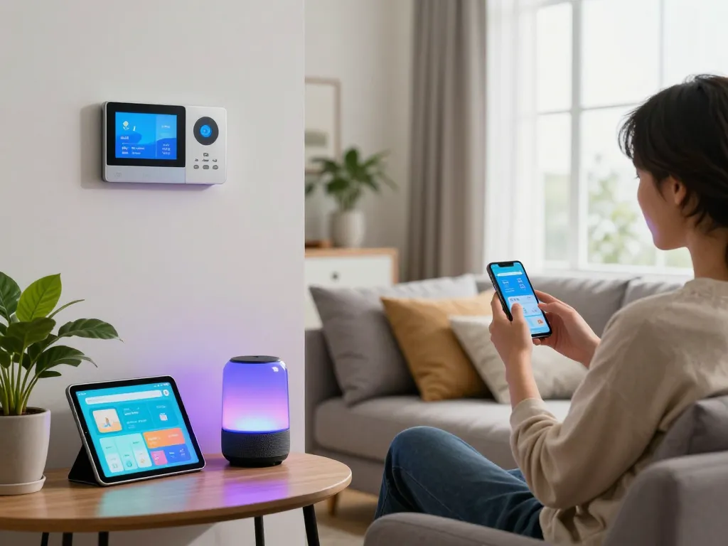 Enjoying smart tech gadgets in a modern living room with a smartphone controlling devices.