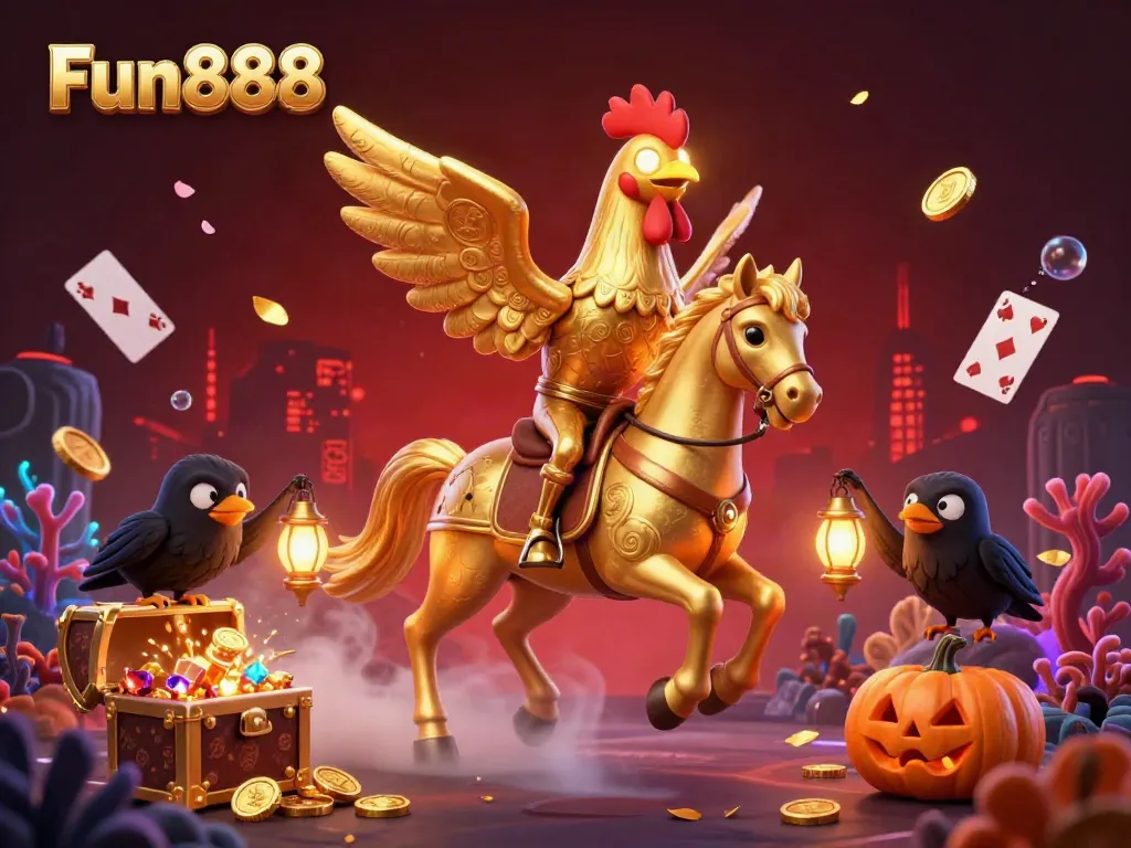 Experience vibrant gaming adventures with Fun888, featuring a golden rooster in a mystical casino.