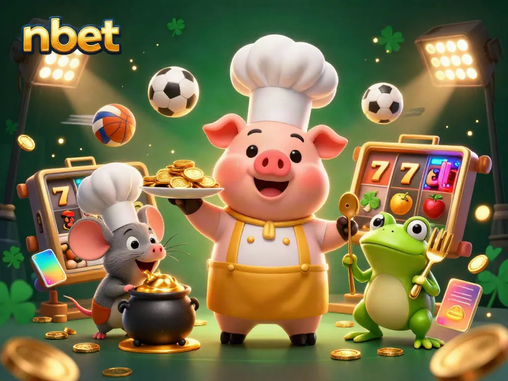 Experience the thrill of nbet with a vibrant scene featuring gold coins, lively characters, and various games.