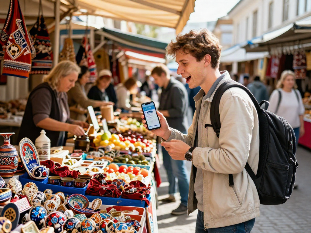 Pago sin complicaciones en Rusia con https://payinrussia.com/ mientras viajo por un animado mercado local.