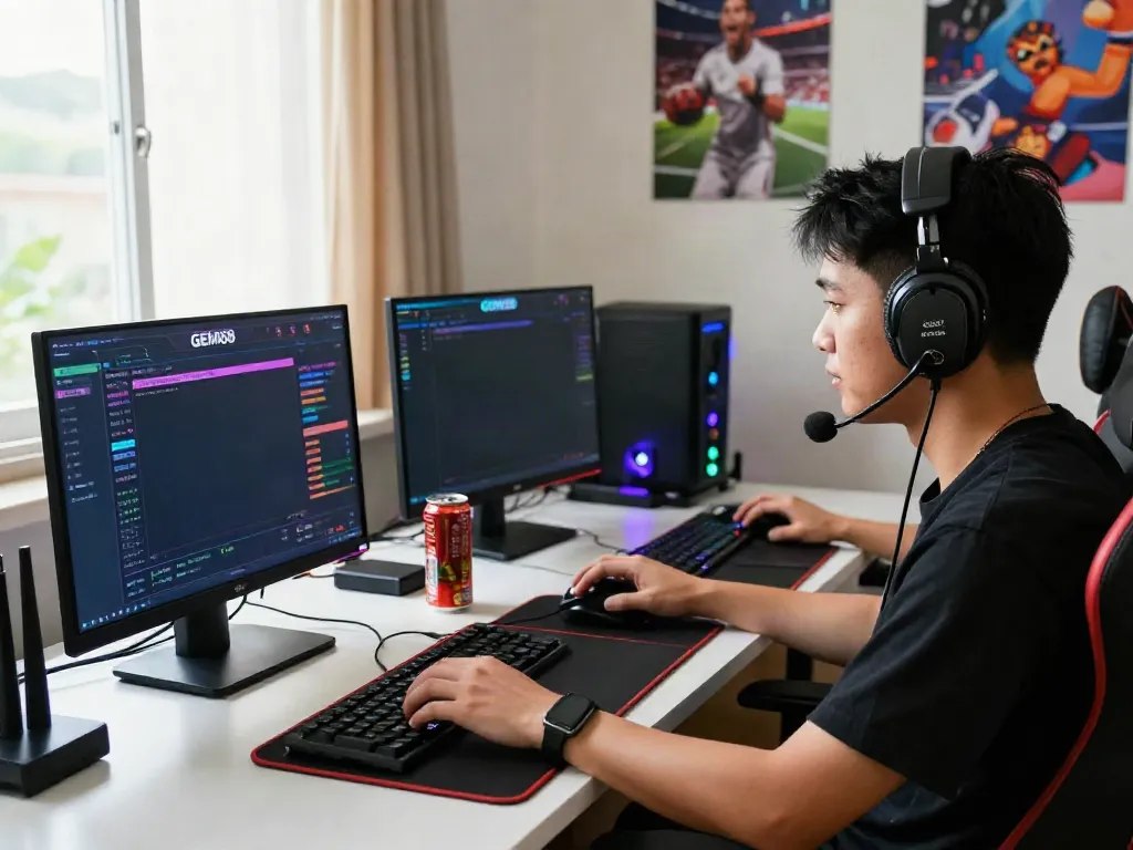 Gamer engaging with GEM88 platform at home, depicting vibrant online betting experience.