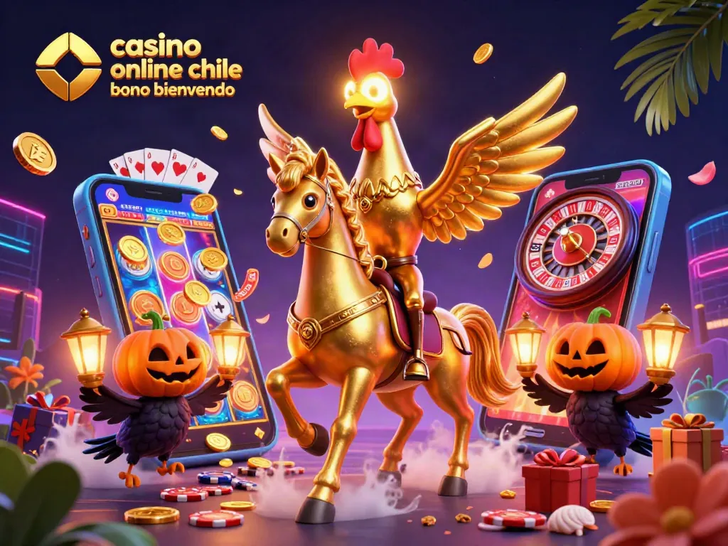 Ilustración de casino online chile bono bienvenida con un gallo dorado en un casino, rodeado de elementos de juego.