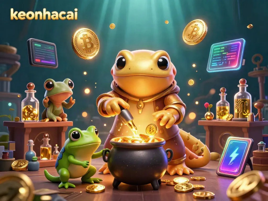 keonhacai showcases vibrant golden alchemy in a dynamic online casino scene featuring crypto elements.