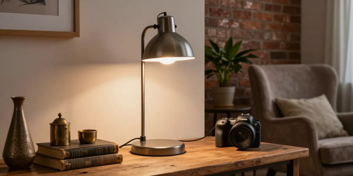 Lámpara mesa industrial estilosa iluminando un acogedor espacio de trabajo en casa.