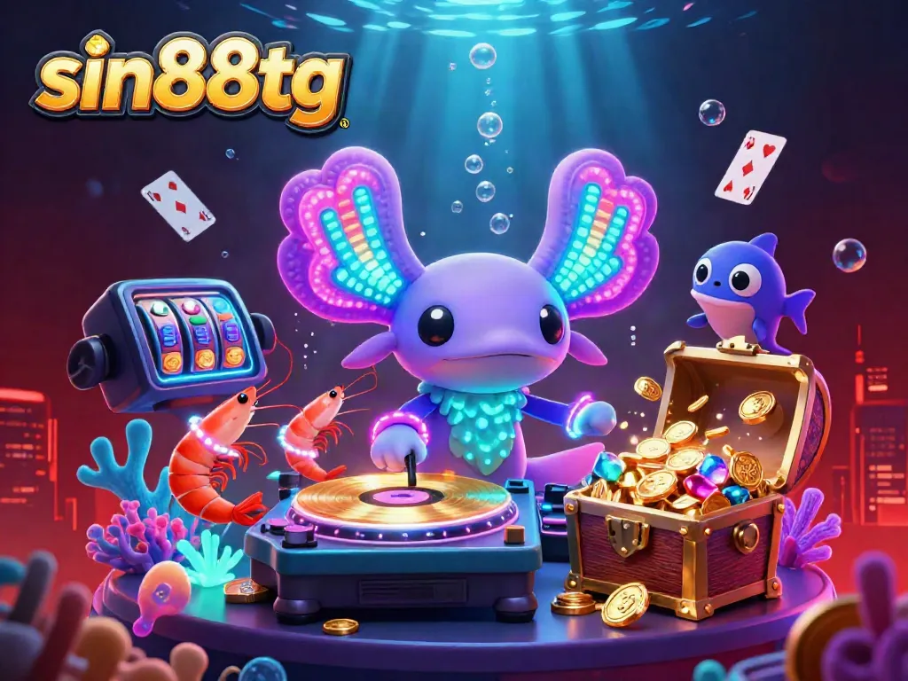 Experience the vibrant excitement of sin88tg with a neon-colored DJ and underwater casino elements.