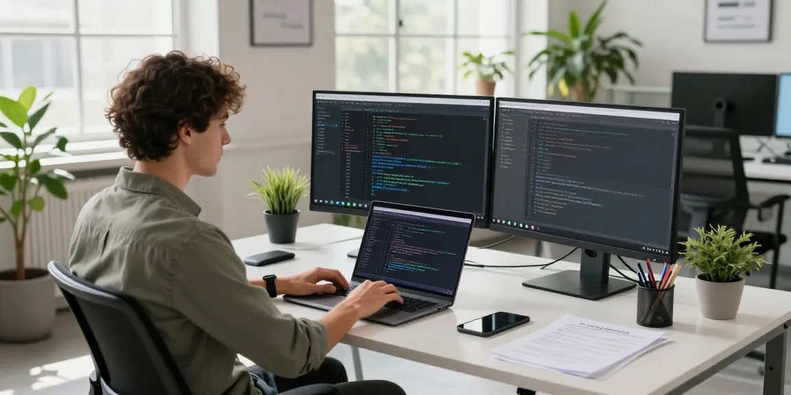 Developing WhatsApp電腦版 in a modern tech workspace with dual monitors.