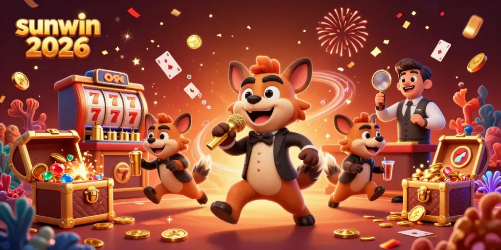 Experience the vibrant world of sunwin 2026 as playful hyenas interact in a lively casino scene filled with engaging game elements.