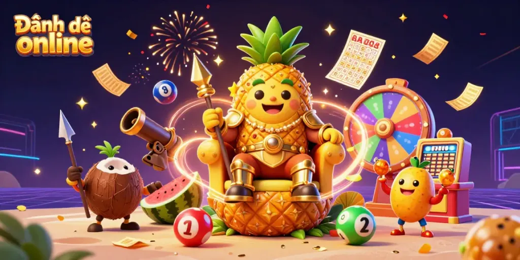 Experience Đánh đề online with dynamic lottery elements and a festive casino scene featuring a pineapple king.