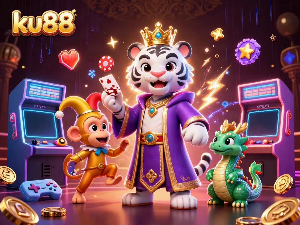 Engage with ku88's lively atmosphere featuring a royal tiger, a juggling monkey, and dynamic casino elements.