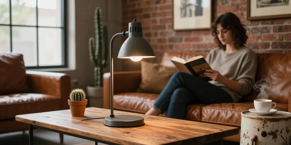 A stylish lampara mesa industrial illuminating a cozy industrial living room with rustic decor.