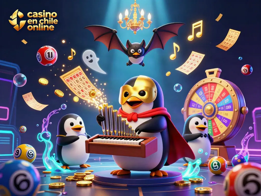 Visualiza el divertido casino en chile online con un pingüino tocando un órgano y monedas doradas cayendo.