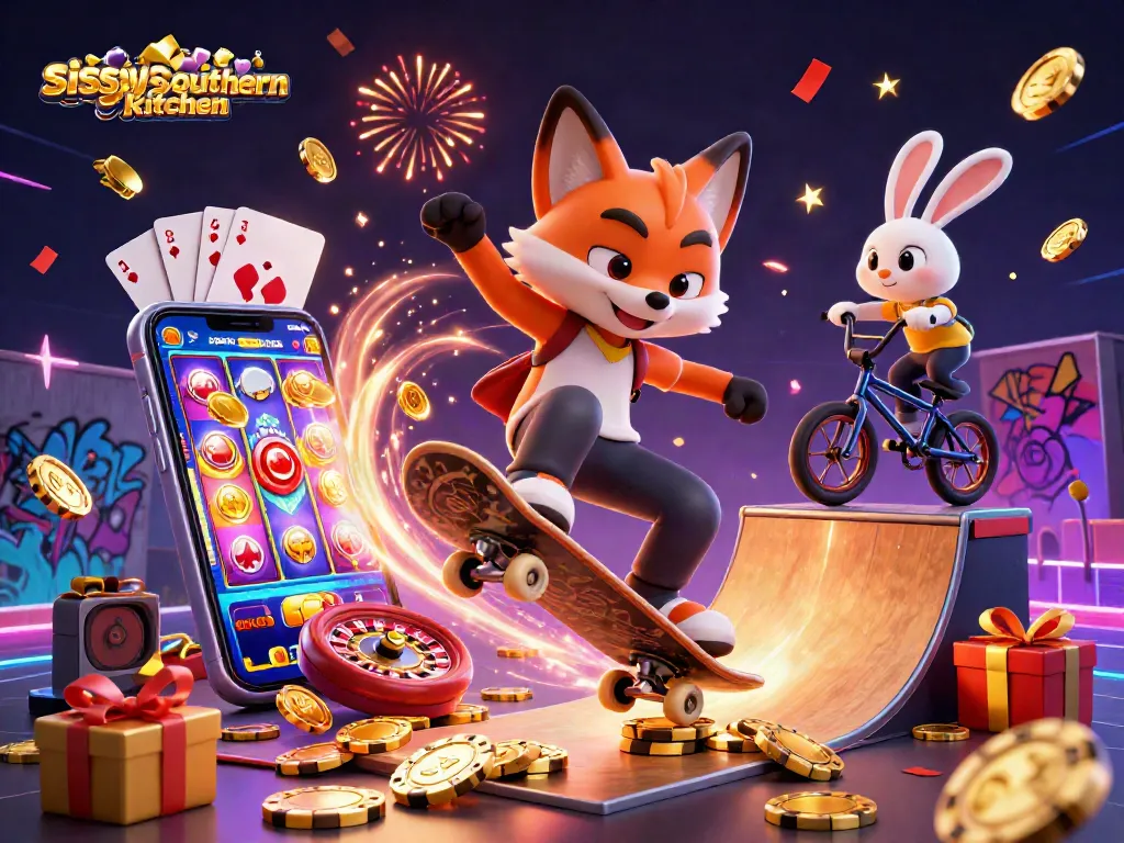 Sissy's Southern Kitchen features a vibrant scene with a skateboarder fox and BMX rabbit, surrounded by casino symbols.