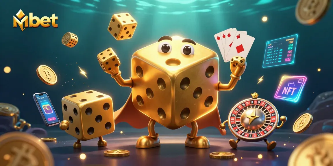 Engage with nbet's exciting golden dice golem and crypto elements in a vibrant 3D casino scene.