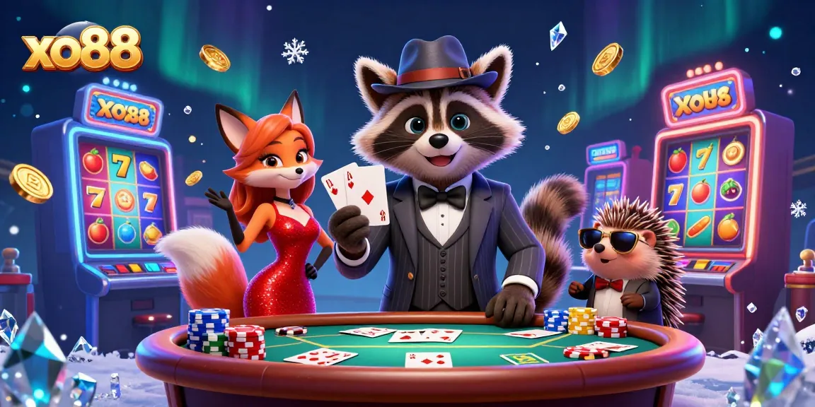 Experience the excitement of xo88 with a raccoon, fox, and hedgehog amid vibrant casino games.