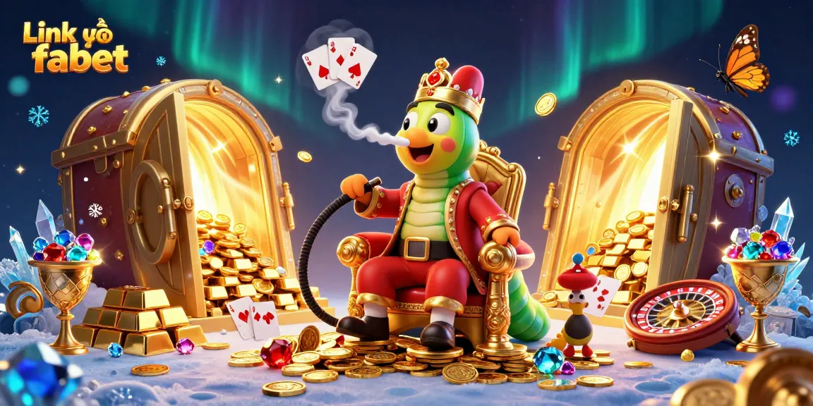 Engage with Link vào fabet in a vibrant casino setting featuring a caterpillar hookah-master and poker symbols.