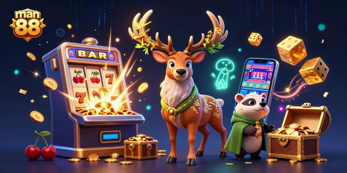 Experience the thrill of man 88 with a stunning 3D illustration of a jackpot explosion, slot machine, and energetic characters.