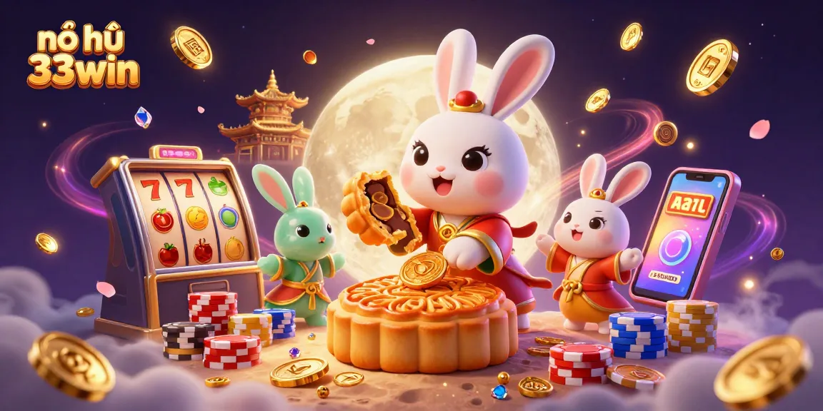 Nổ hũ 33win features a festive scene with a moon rabbit and poker chips, celebrating online slots.