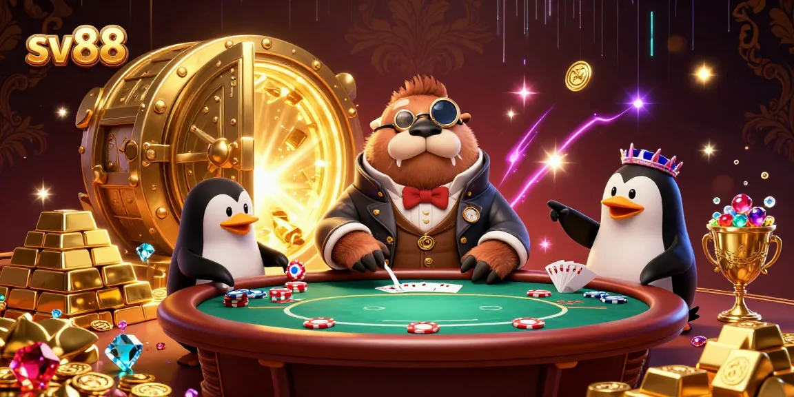 sv88 showcases a jolly walrus at an underwater poker game with dazzling treasures and vibrant energy.