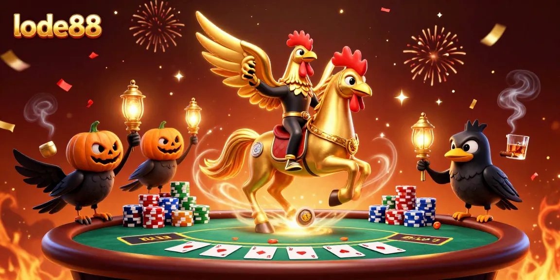 Experience thrilling gaming at lode88 with a golden rooster and poker elements in action.