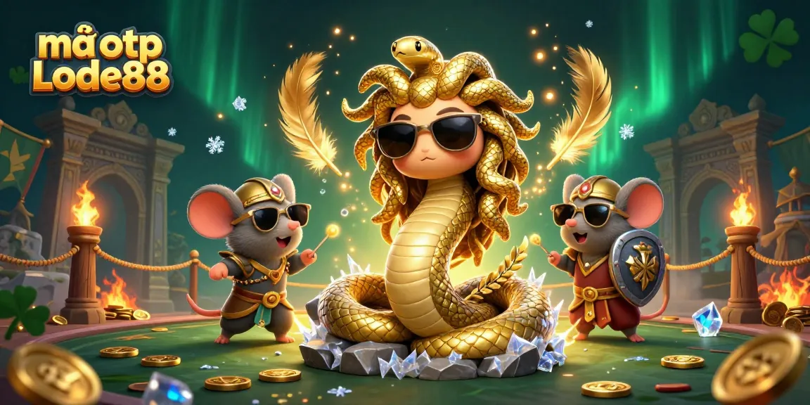 Bet on luck with mã otp Lode88 as Medusa and a warrior mouse in a vibrant casino scene.