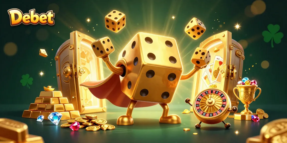 Debet showcases a vibrant 3D scene with a dice golem and glittering treasures in a casino atmosphere.