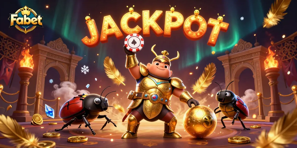 Win big with Fabet as a victorious beetle lifts a poker chip amidst dazzling casino elements.