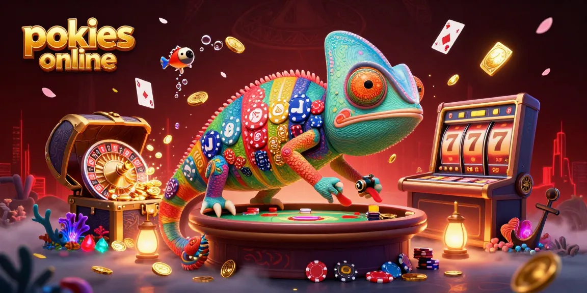Experience pokies online with colorful chameleon casino owner and dynamic game elements in this vibrant illustration.