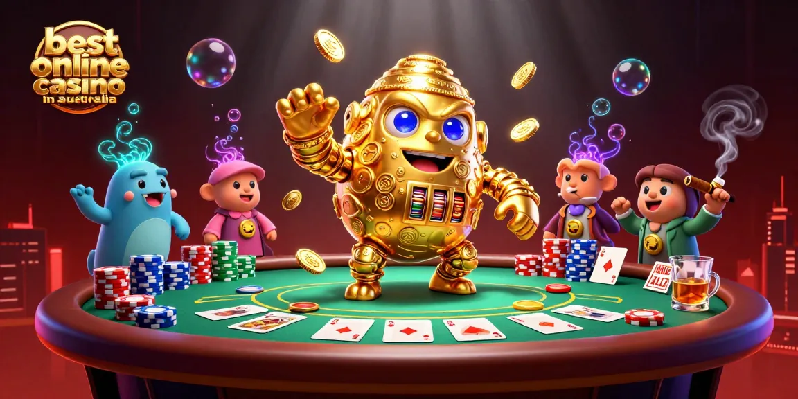 Experience the excitement at the best online casino in Australia with vibrant gaming characters and poker elements.