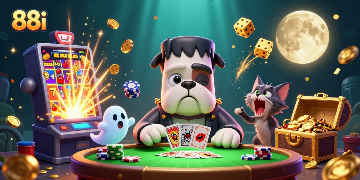 Spin big wins with 88i in this vibrant, detailed casino scene featuring monsters and jackpots.